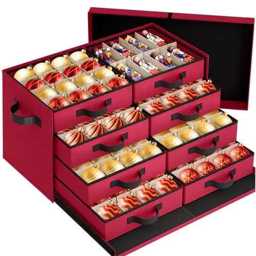 Christmas Ornament Storage Box - Ultra Large Drawer Ornament Organizer with 8 Separate Trays & Adjustable Dividers, Holiday Decoration Organizer Box with Cover & Handle for Holiday Decorations(Red)