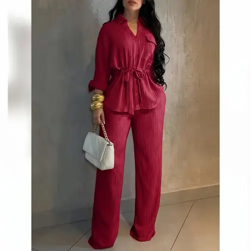 VVZ Women's Vintage 2 Piece Outfit, Turn Down Collar Button Front Top with Flap Pockets + Drawstring Wide Leg Pants Casual Commuter Set