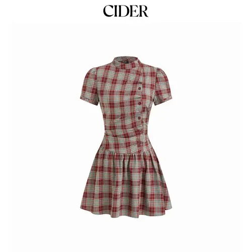 Cider Napoleonic Core Plaid Stand Collar Puff Sleeve Tie Back Button Mini Dress Napoleon