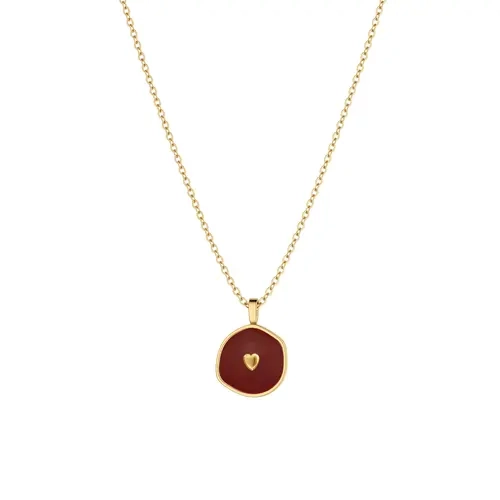 TEWIKY Women's Elegant Gold Aesthetic Enamel Disc Statement Heart Pendant Long Chain Jewelry Necklace - 42+5cm Metal Coating, Dainty Contemporary, Party Accessory, Valentine’s Meaningful Gift, Daily Elegance