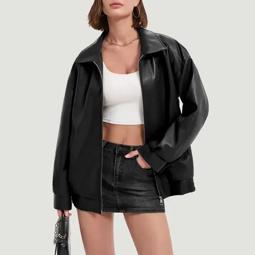 Women's Oversized Faux Suede Moto Biker Jacket - Long Sleeve Plain Zip Basic Outerwear, Fall Fashion Coats for Women (Leather & Faux Leather Category)