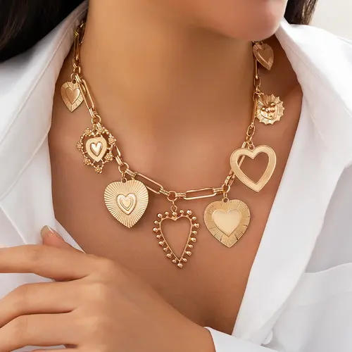Women's Gold-Plated Chunky Heart Paperclip Iron Necklace - Hollow Pendant, Long Statement Chain, Punk Style Stackable Elegant Costume Jewelry, Customizable Comfortable Fit for Adults (2 Key Occasions)