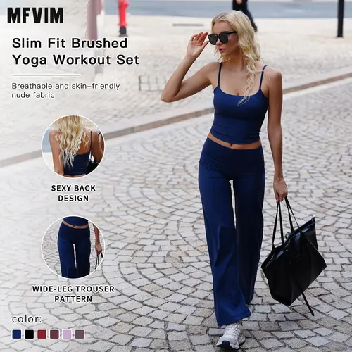 MFVIM Women's 2-Piece Sporty Sweatsuit Set - Brushed Slim-Fit Yoga Tank Top & Wide-Leg Yoga Bottoms, Comfortable Workout Running Clothes for Spring/Fall Daily Wear, Women's Workout Sets Travel Essential