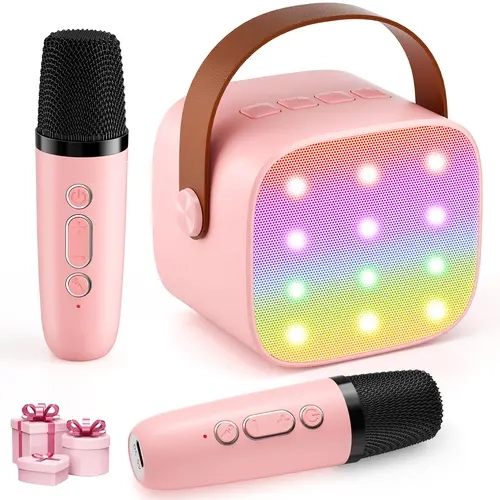 Mini Karaoke Machine with 2 Wireless Microphones, LED Lights, Bluetooth Speaker, Multiple Sound Effects, Easy to Carry, Toys for Children Aged 4-10, Halloween, Christmas, Birthday Gifts for Kids Home Party