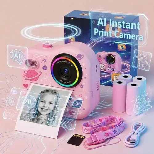 Kids Instant Print Camera- Smart AI - AI Photo Tools, Voice Pic, Magic Cam, Role Talk, 48MP HD, 1080P Video, 2.4" Screen, No Ink Thermal Print, Wi-Fi, Digital Zoom, MicroSD Slot, Plastic Body, USB Type-C, Gift for Ages 3-12