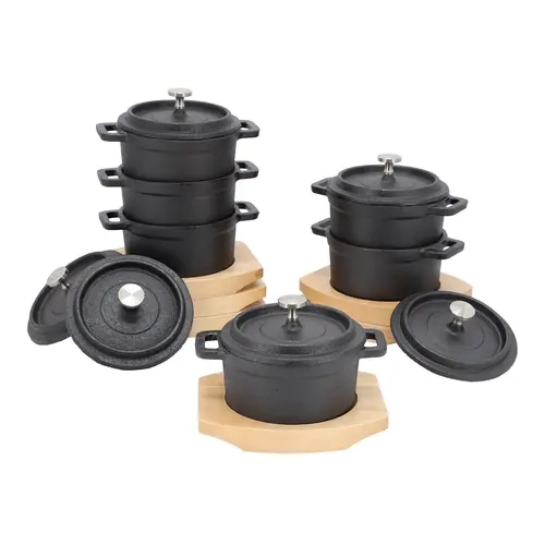 MegaChef 6pc Cast Iron 8 Ounce Mini Dutch Oven with Wood Tray