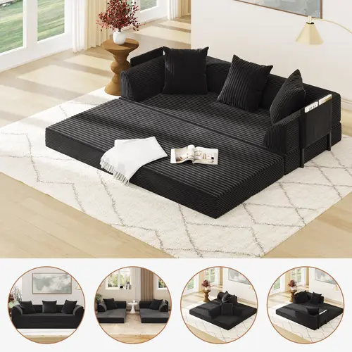 79" Convertible Folding Sofa Sleeper Couch - Modular 5-in-1 Memory Foam Furniture with Pull-Out Bed, Adjustable Arms, Side Storage Pockets, 79" Wide Sleep Surface, 72h Cushion Expand, for Apartments, Living Rooms