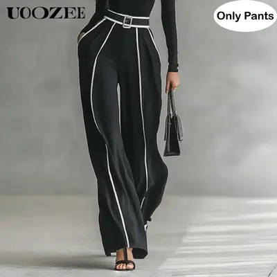 UOOZEE Women's High-Waist Cropped Wide-Leg Pants - Strappy-Silk Fabric, Fitted, Chunky Statement, Lightweight Stretch Spandex, White Side Stripe, Matching Belt, Zipper, Street Style, Turtleneck/Camisole Pairing Fit (Pants-Single-Black)