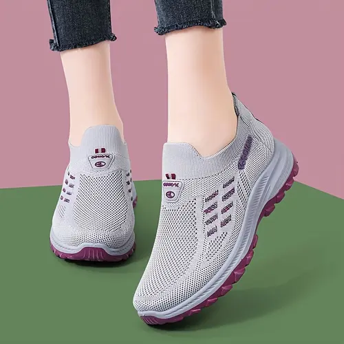 Women's Closed Light Gray & Purple Knit Slip-On Casual Trainers - Cushiony, Dual-Color, Buckle-Free, Breathable Mesh Cutout, Non-Slip Sole, Branded Logo, All-Season Footwear for Walking, Sports, Training Use