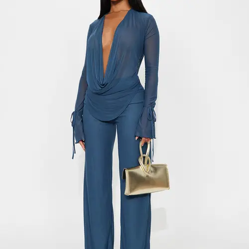 Women's Fashion Casual Fit Two-Piece Set Suits, Deep V Mesh Top & Wide Leg Pants, Trendy Long Sleeve Tie Design, Perfect for Daily Wear