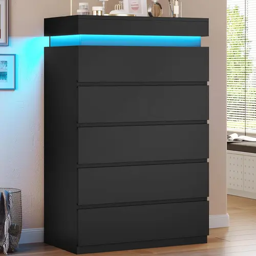 SIKAIC Durable Engineered Wood 5-Drawer Storage Dresser - RGB Mood Lighting Bedroom Drawer Chest Dresser with App Control, Music-Sync Glow, Flat-Front Design, Beveled Base, Assembly Required