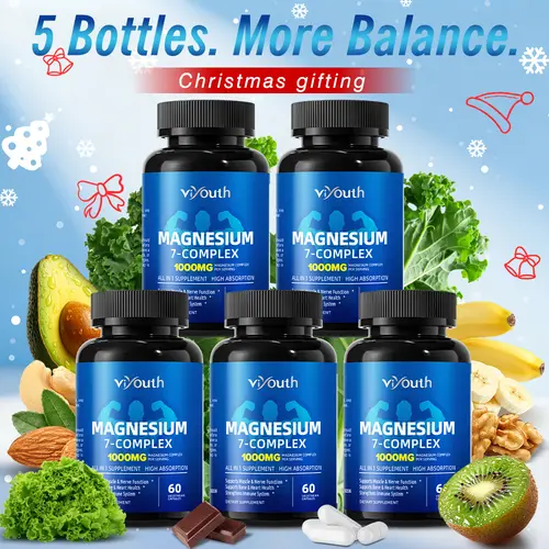 Viyouth 5-Bottle 1000mg 7-Type Magnesium Complex Dietary Supplement with Zinc - Healthier Choice Mineral Support for Relaxation, Muscle Function, Nerve Function - 3rd Party Tested, Ideal Holiday Gift, Mineral Supplements, All-In-One Mineral Supplements