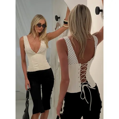Briannah Contrast Corset Top Cream Polka Dot