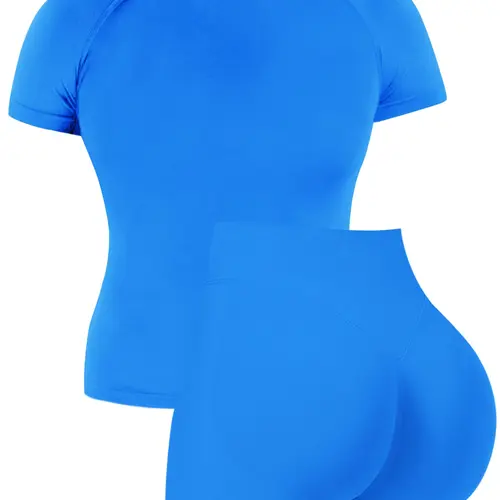 Women's Outdoor Breathable Stretch Yoga Set, Athletic Sportswear, Casual Quick-Dry Fitness Top & Running Sports Shirt Short-Sleeved Fitness Running Yoga Butt-Lifting Shorts High-Stretch Moisture-Wicking Seamless Short-Sleeved Casual Breathable Sports Set