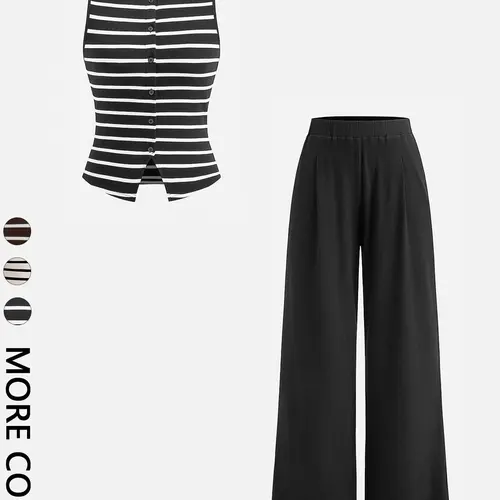Striped Vest + Wide Leg Pants Set, Casual Matching Set, Casual Style Set, Casual Fitted High Waist, Spring & Fall, Daily Streetwear, Women's Fashion, Womenswear Everyday, Outfit Set, Fashion Clothes Set