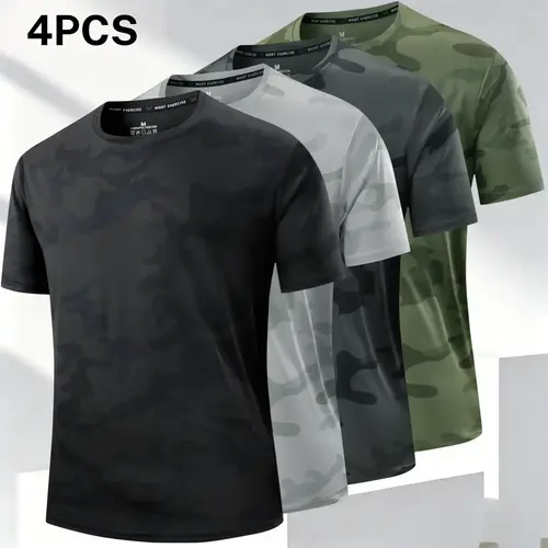 Four-piece men’s camouflage short-sleeve set, casual cool style, genuine photos showing breathable fabric for everyday wear, summer men’s short-sleeve T-shirt