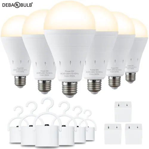 DEBAOBULB Warranty 9W 6000K Cool White Rechargeable LED Bulb - E27/E26 Base, 1200mAh Long Battery Life Energy-Efficient Emergency Lighting, Indoor/Outdoor Use, Includes Hook (for Home Power Failure)