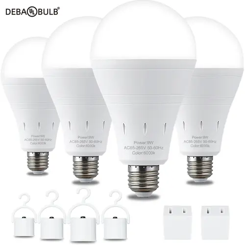 DEBAOBULB 4-Pack Rechargeable Emergency LED Light Bulbs - Lighting Tools, E26 Base, 120V, 9W Max Bright (60W Equivalent, 450lm), 1.5W Max Emergency (110lm), 1200mAh, 6000K Daylight, Energy Saving, Battery Operated, Home Power Outage, Camping Use