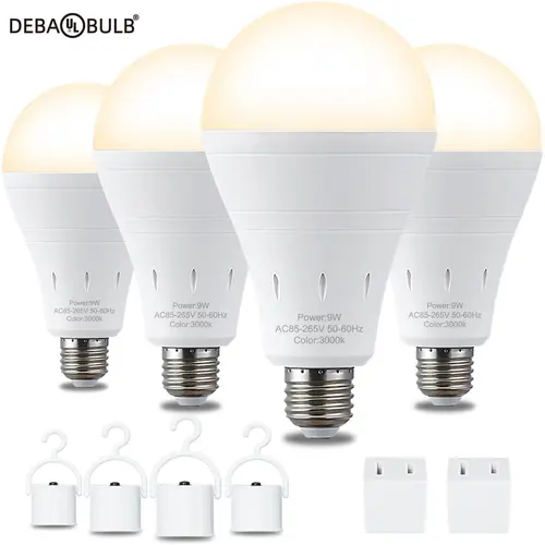 DEBAOBULB 4-Pack Bright LED Bulbs - 9W 800lm Warm Light E26 120V AC Power Supply, Built-In Batteries 4-5h Backup Glow Emergency Lamp, 2.5W 220lm Color Changing Hook & Carry Lamp, 2.28"x4.72" Home Power Outage Saver