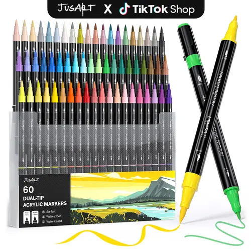 Summerwins Premium Dual-Tip Colorful Marker Set - 60/48/36/24-Color Acid-Free Acrylic Pens, 1mm Fine Nib & Cotton Nib, Office Stationery Art Supplies for Adults, Markers for Coloring on Cardstock & Ceramics