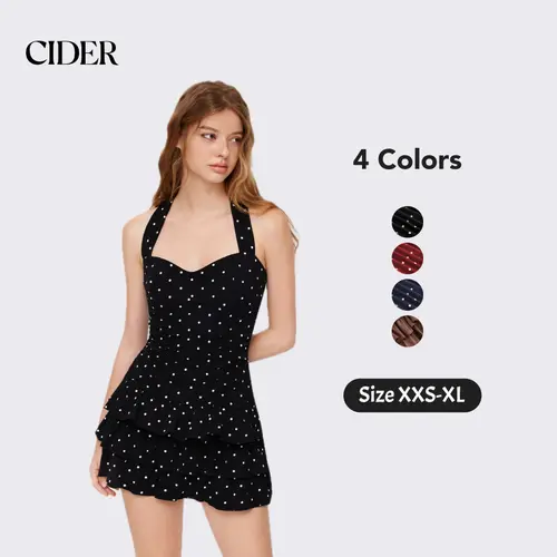 Cider Halter Mini Dress with Ruched Detail – Polka Dot Layered Dress for Women, Flattering Fit Hides Tummy, Casual Womenswear Perfect for Date Nights & Spring Parties Dealsforyou
