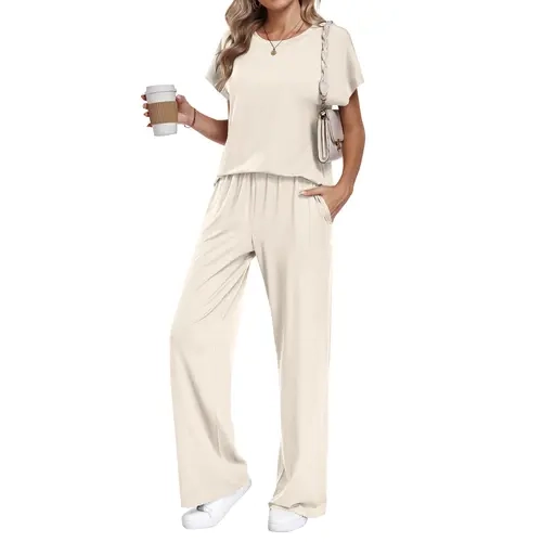 AUSELILY Cloud Soft 2 Piece Sets for Women Crew Neck Batwing Sleeve Top and Wide Leg Pants Lounge Casual Wear Home Outfit
