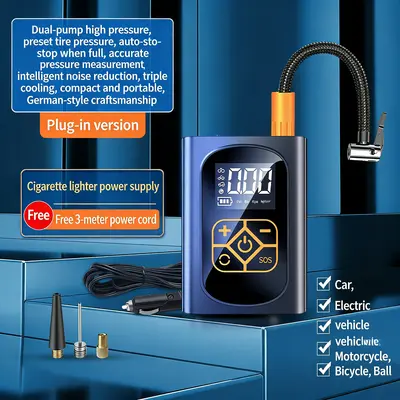 1pc Portable Air Compressor & Inflator, Tire Inflator, Car Inflation Pump, up to 150 PSI with digital pressure gauge and LED light — for cars, bicycles, motorcycles, basketballs, volleyballs; USB rechargeable tire inflation