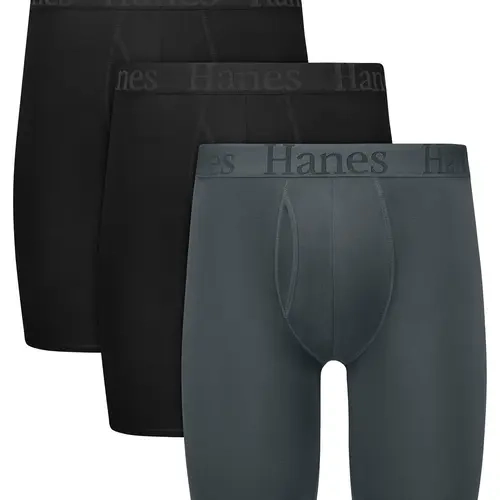 Hanes Originals Men's SuperSoft Long Leg Boxer Brief Underwear, Total Support Pouch, Assorted, 3-Pack