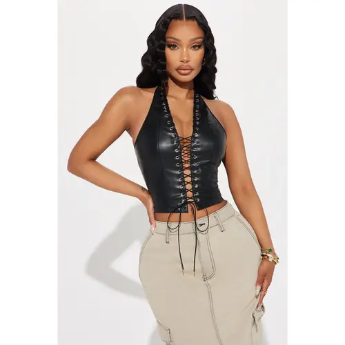 Up To No Good Lace Up Top - Black