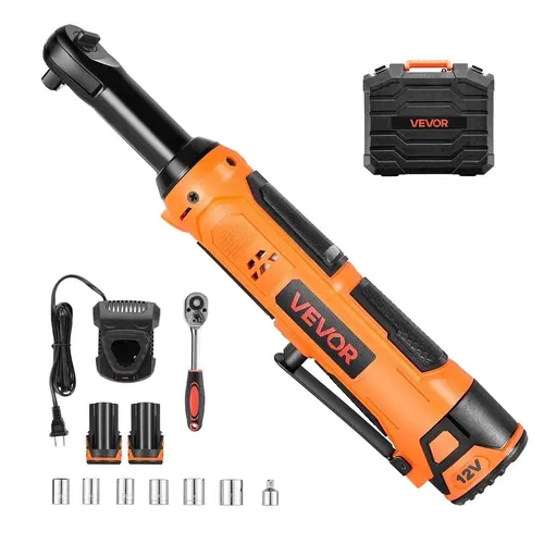 VEVOR Lithium Cordless Ratchet Wrench (Mechanic Tools for DIY Build & Car Repairs) - 3/8 in Drive Short Head, 230 RPM, 33 ft-lbs Torque, 2x 2.0Ah Batteries, Charger, Sockets, Adapter, Case, LED Light, Cordless Freedom, Forward-Reverse