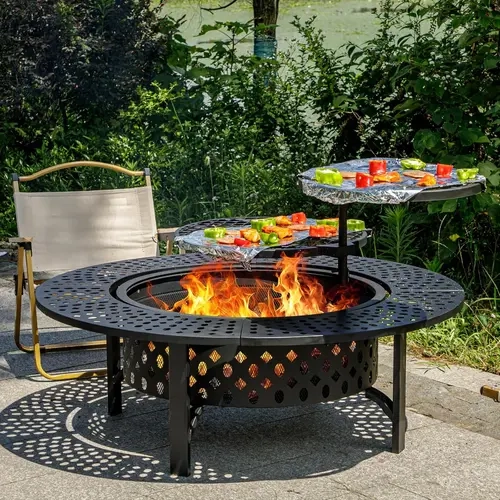 Outvue 47-Inch Heavy Duty Metal Tabletop Fire Pit Set - 3-in-1 Painted Steel Wood-Burning 360° Swivel Grill Fire Table with 2 Cooking Grills, 1 Lid, Poker, 20 lb Capacity, Outdoor Round for Patio Party, Picnics