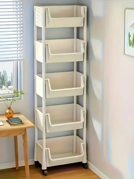 Multifunctional Multi-Layer Plastic Storage Cartwith Wheels, Layered Shelf Organizer for BedroomKitchen Bathroom Living Room  Beige