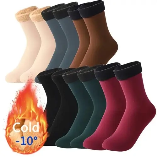 Women's Solid Fuzzy Mid-Calf Floor Socks, 10pcs/5 Pairs Black Thick Fleece-Lined Cold-Proof Warm for Autumn-Winter Unisex Use, 10 Pieces/5 Pairs Black