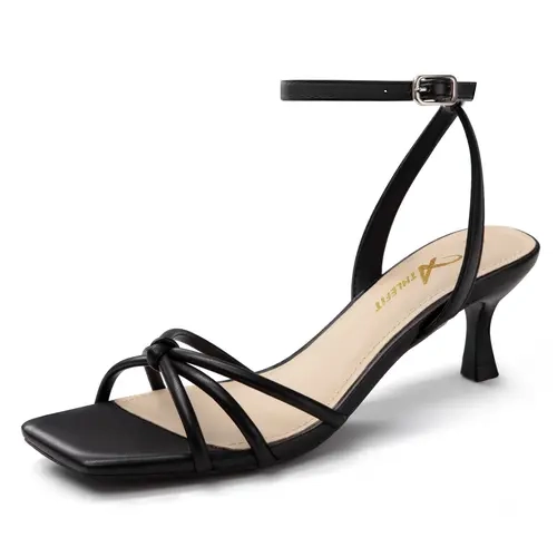 Athlefit Women's Kitten Heel Sandals - Square Open Toe, Strappy Ankle Strap, Elegant Party Shoes, Thermoplastic Rubber Sole for Summer, Weddings, Graduations