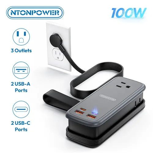 NTONPOWER 100W GAN Ultra Travel Power Strip, 7-in-1 USB C Charging Station with 3 Outlets 4 USB (2 Fast Charge)& 5FT Extension Cord, Compact Desktop Charger for MacBook, iPhone, Cruise, Office, Black
