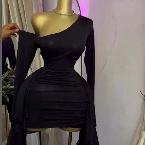 PULKRITU Elegant Women's Drop Shoulder Flare Sleeve Ruffle Side Flared Mini Skirt, Tight Fit Birthday Festival Sexy Dress, Fashionable Party Wear