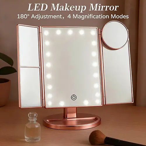 Hoodink Makeup Mirror Vanity Mirror with Lights, Bathroom Adjustable Brightness Mirrors 1X/2X/3X/10X Magnification and Touch Screen Trifold Makeup Mirror Two Power Supply Modes Women Gift