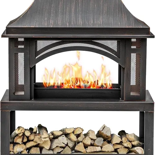Outvue 39in Antique Bronze Square Wood Burning Fire Pit - 45.66in Rust-Resist Steel Outdoor Heating Unit with Wood Storage, Smoke-Upward Chimney, Spark-Safe Mesh Screen, Fire Poker, Elegant Tower for Garden, Campsite Backyard Ground Use; Assembly Required