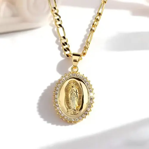 Women's 14 Karat Gold Plated Virgin of Guadalupe Faith Pendant Necklace - Elegant Jewelry Pendant, Durable Cubic Zirconia, Gold Tone Chain, Virgin of Guadalupe Iconography Necklaces, for Daily Wear & Special Occasions, Women's Gifts