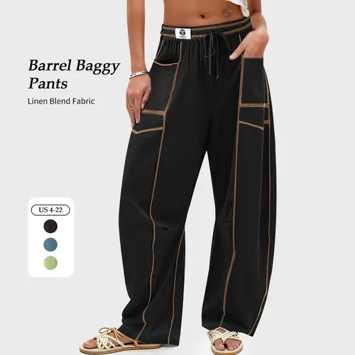 【SS26 Collection】TARSE Womens Baggy Barrel Linen Blend Pants Casual Minimalist Wide Leg Harem Pants Drawstring Loose Travel Boho Palazzo Pants with Pockets