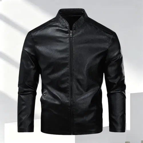 Men's Slim-Fit Shiny Leather Motorcycle Coat - Vintage Long-Sleeve Collared Zipper Jacket with Retro Stud Detail, Stand Collar, Stylish Casual Design
