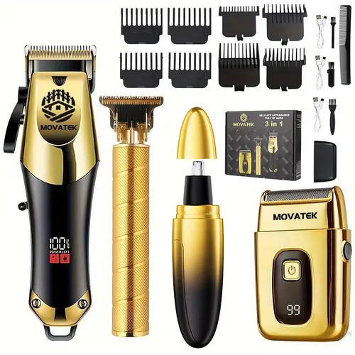 MOVATEK Men's 4/3-Piece Smooth Hair Cutting Kit, Cordless Barber Trimmer Set with Electric Shaver, Nose Hair Trimmer, 0-Gap Equipment, USB Charging, LCD Power Display, Fine Groomer, Beard Styling Tool, Mens Gifts for Boyfriend Dad (Birthday, Father's Day)
