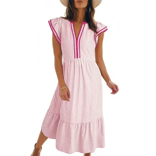 Dokotoo Womens Dresses 2026 Summer V-Neck Ruffle Cap Sleeve Empire Waist Flowy Striped Beach Midi Maxi Dress with Pockets