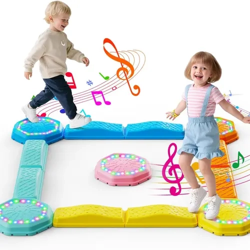 Holyton 13-Piece Modular Non-Slip Balance Beam Stepping Stones - Stackable Plastic Sensory Kids Toys with Lights, Sound, Rhythm Step Music Rewards, Core Strength Interaction, 3–8 Year Old Gift, Indoor/Outdoor 13-Piece Adventure Kids Learning Materials