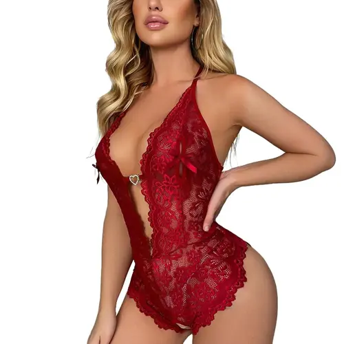 AgeRose Women's Burgundy Floral Lace Teddy Bodysuit - Sexy Halter Backless Bra-Inclusive Lingerie with Adjustable Straps for Wedding, Party Wear
