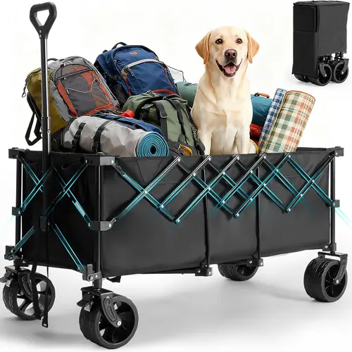 Heavy Duty Collapsible Foldable Wagon - Steel Garden Cart Folding Trolley with 300L 600D Wear-Resistant Oxford Fabric, 7-in Wheels, 180kg Capacity, Flat-Folding Space-Saving Design, Carry-Bag Storage for Camping, Beach (Black, Blue, Gray)