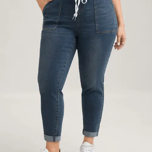 BloomChic Women's Plus Size  [M-6X] Cotton Denim Jeans - Dark Blue, High Stretch, Skinny Fit, Drawstring Elastic Waist, Roll Hem, Above Ankle Length, Slanted Pockets, 2026 Summer Pick Bottom Womenswear,Spotlight,Summer wins,Deals for you days,summerwins,s