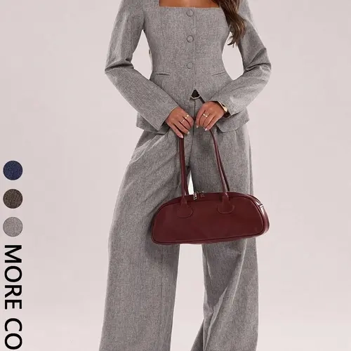 Unique Minimalist Square Neck Single Button Blazer Set Fit, Blazer and Pants, Long Sleeve, Straight Leg Pants, Perfect for Spring Fall Winter Commuting, Chic Elegant Versatile Suit Womenswear Outerwear