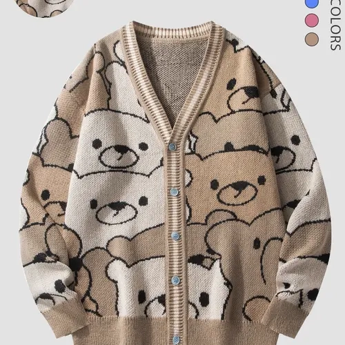 SAND SOUND Women's Beige Cute Bear Graphic Knit Sweater Cardigan - Oversized Long-Sleeve V-Neck Button-Front Japanese Style Coquette Fall Halloween Casual Knitwear Top