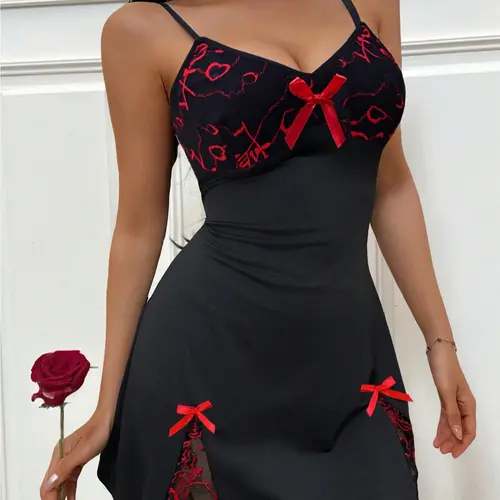 Women's Elegant Sleep Dress, Fitted Heart Pattern Nightgown, Sexy Home Wear, Romantic Valentine Gift, All Seasons Comfort, Vneck Nightgown